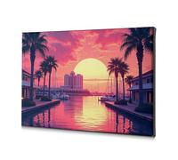 Decorazione primaverile tramonto sul lungomare foderato di palme con barche ancorate, immagine decorativa su tela, immagine decorativa per bagno, decorazione da parete per soggiorno (30 x 40 cm)