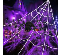 Decorazione Ragnatela Halloween da Esterno con Ragno Viola 125 cm - Rete Bianca da 5 m e 40g di Ragnatele Viola per Giardino, Pareti, Terrazze e Feste di Halloween