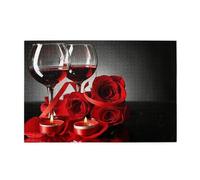 Decorazione romantica per innamorati con rose rosse e vino, Puzzle da 1000 pezzi, puzzle in legno per tutta la famiglia, decorazione da parete per adulti e ragazzi