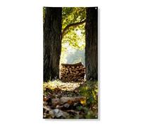 Decorazione rustica per porta autunnale, affascinante pila di legna tra gli alberi, ingresso esterno, raccolta autunnale, festone stagionale per le vacanze, 91 x 182 cm