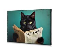 Decorazione shabby chic con gatto nero che legge un giornale su tela, decorazione per la casa, decorazione da parete per bagno (30 x 40 cm)