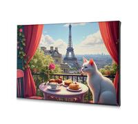 Decorazione shabby chic Un gatto gode di una colazione accogliente con vista sulla Torre Eiffel. Tela decorativa da parete per bagno, decorazione artistica da parete per bagno (40 x 60 cm)