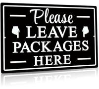 Decorazione "Si prega di lasciare i pacchi qui", cartello in metallo per la consegna dei pacchi, decorazione per uso interno ed esterno, per porta d'ingresso, attività commerciale, alluminio, 5,5x8