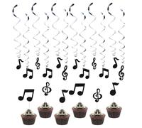 Decorazione Sospesa a Forma di Vortice di Note Musicali - Set di 12 Spirali Argento + 6 Bandierine per Torta, con Frammenti di Partiture Musicali, Lunghezza 90 cm