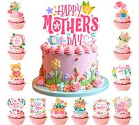 Decorazione Torta Mamma, 24 Pcs Topper per Cupcake per la Festa della Mamma & 1 Pcs Happy Mother's Day Cake Topper per Decorazione Festa della Mamma
