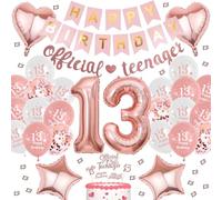 Decorazione ufficiale per il 13° compleanno da adolescente - Set da 50 pezzi in oro rosa con striscione Happy Birthday, palloncini in pellicola, decorazione per torta per ragazze