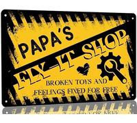 Decorazione vintage per caverna maschile, Papa's Fix It Shop, giocattoli rotti e sentimenti riparati gratuitamente, cartello in latta, regalo per la festa del papà, divertente garage, bar, 12x16 pol