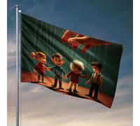 Decorazione vintage quattro bambini controllati da stringhe, spettacolo di burattini. Bandiere divertenti per camera adolescenti ragazze college segno (120 x 180 cm)