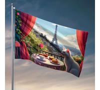 Decorazione vintage Un gatto gode di una colazione accogliente con vista sulla Torre Eiffel. Bandiera decorazione per la casa da uomo decorazioni per la casa per uomo grotta (30 x 45 cm)