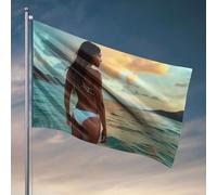 Decorazioni a forma di birra per uomo donna caverna in bikini bianco che si gode il tramonto sul mare. Bandiera divertente decorazione universitaria uomo decorazione grotta (30 x 45 cm)