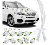 Decorazioni Auto per Matrimonio Addobbi Per Cofano Dell'auto Matrimonio Decorazione Auto Sposa e Coppie con 9 Bianco Rose 10 Fiocchi 2 Tulle 2 Ventose Per Festa Di Nozze