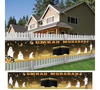 Decorazioni Banner Umrah Mubarak, Tessuto Extra Large Felice Ramadan Kareem Backdrop per Addobbi, 98 x 20 Pollici Nero Oro Stelle Luna Castelli Photo Booth Sfondo Bandiera per Muslim Al-Fitr Party