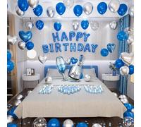 Decorazioni blu di buon compleanno per uomini donne palloncini di compleanno lettere banner con bottiglia di champagne a forma di cuore palloncini bicchiere di vino petali di rosa
