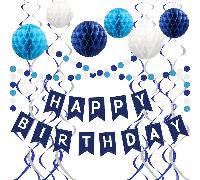 Decorazioni blu per compleanno - Striscione blu navy "Buon Compleanno" con 6 palline a nido d'ape, 6 spirali appese metalliche e ghirlanda di cerchi puntinati per decorazioni festa di compleanno uomo 