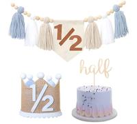 Decorazioni blu per la nascita per ragazzi e ragazze 1/2 compleanno seggiolone banner prima metà compleanno seggiolone banner per bambini 6 mesi con 1/2 cappello di nascita e mezza decorazione per