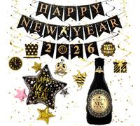 Decorazioni Capodanno 2025, Happy New Year Striscione Oro Nero, XXL Palloncini Foil, Spirale Frange, Set di Decorazioni per il Veglione Cenone di San Silvestro