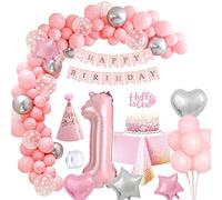 Decorazioni Compleanno 1 Anno Bambina Rosa: Palloncini Numeri 1, Addobbi Compleanno Happy Birthday Ghirlanda Tovaglia per Ragazza Battesimo Bimba Doccia Festa