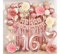 Decorazioni Compleanno 16 Anni Bambina, Palloncini Compleanno Oro Rosa con Striscione Buon Compleanno, Palloncini Cuore Stella Foil, Tende Metalliche Rosegold, Pompon di Carta Rosa per Ragazze