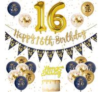 Decorazioni Compleanno 16 Anni Ragazzo Blu Oro Striscione di Buon Compleanno, Navy Blu Oro Palloncini 16 Anni Compleanno, Palloncini di Coriandoli Decorazioni Festa Compleanno per 16 Anni Ragazzo