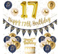 Decorazioni Compleanno 17 Anni Ragazzo Blu Oro Striscione di Buon Compleanno, Navy Blu Oro Palloncini 17 Anni Compleanno, Palloncini di Coriandoli Decorazioni Festa Compleanno per 17 Anni Ragazzo