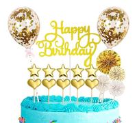 Decorazioni Compleanno,17 Pezzi Happy Birthday Cake Topper Decorazioni,Cake Topper Battesimo Topper Torta,Palloncini Coriandoli,Addobbi Dolci Festa,per Matrimonio Festa Compleanno (Oro)