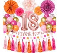 Decorazioni Compleanno 18 Anni Ragazza, Palloncini 18 Anni Compleanno Rosa e Arancione, Happy Birthday Ghirlanda, Decorazioni Feste Compleanno Pompon di Carta, Ventaglio di Carta per 18 anni ragazza