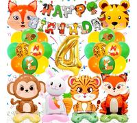 Decorazioni Compleanno Animali Giungla per 4 Anni Bambini, con Palloncini Bosco in Foglio, Facile da Usare, Striscione, Nastri, Punti di Colla per Palloncini, per Compleanno Tema Giungla
