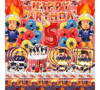 Decorazioni Compleanno Camion dei Pompieri 5 Anni,Palloncini Compleanno Pompieri,Pompieri Tema Festa Addobbi Bambino Compleanno, Kit Tovaglia Pompiere Compleanno con Tovaglia Piatti Torta Topper