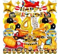 Decorazioni Compleanno Escavatore per Bambino 4 Anni - Set 48 Pezzi a Tema Veicoli Costruzione con XXL Palloncini, Striscioni, Topper Torta e Adesivi Tatuaggi - Per Feste a Tema e Compleanno Bambini