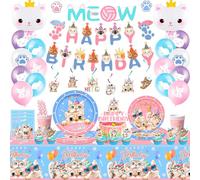 Decorazioni Compleanno Gatto, 16 Ospiti Forniture per Feste di Compleanno per Gatti Includere Piatti Gatti Tazze Tovaglioli Tovaglie Striscioni Palloncini ect Decorazioni Tema Gatto