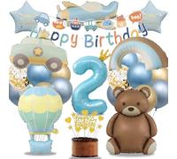 Decorazioni Compleanno Maschietto 2 Anni, Palloncini Blu e Oro, Kit Palloncini con Orsetto, Auto, Arcobaleno e Aereo, Striscione Happy Birthday e Accessori per Torta (Set Compleanno Bambino 2 Anni)