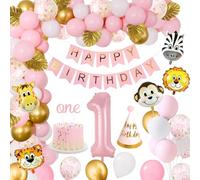 Decorazioni Compleanno Palloncini Rosa Giungla, Kit Arco 1-3 Anno Animali Safari Rosa Chiaro e Oro per Bambina Festa Baby Shower