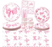 Decorazioni con Fiocco Rosa - Stoviglie per Festa con Piatti da Dessert, Bicchieri, Tovaglioli, Cannucce per Compleanno Coquette Ragazze, 20 Pezzi