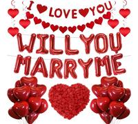 Decorazioni con scritta "Will You Marry Me", 46 pezzi, decorazione per proposta I Love You, palloncini rossi a forma di cuore, da appendere, 500 petali di rosa artificiali per San Valentino romantico