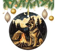Decorazioni da appendere all'albero di Natale a forma di cane pastore seduto accanto al falò, 2 pezzi, 7,2 cm, rotonde su entrambi i lati
