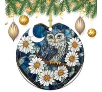 Decorazioni da appendere all'albero di Natale, in vetro colorato, a forma di gufo, fiori bianchi, luna, 2 pezzi, 7,2 cm, rotondi su entrambi i lati