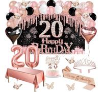 Decorazioni da donna per 20° compleanno, 49 pezzi, Black Rose Gold Black Happy 20th Birthday, tovaglia, decorazione a farfalla, cravatta e tiara, decorazione per torte, arco di palloncini
