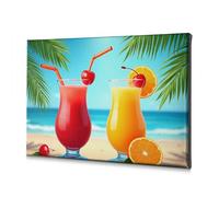 Decorazioni da parete con due frullati di frutta tropicale su una spiaggia. Tela decorativa per il bagno (20 x 30 cm)