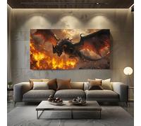 Decorazioni da Parete Moderne per Soggiorno Drago Fantasy Quadro Grande su Tela Fuoco Mitico Stampa Senza Cornice Ali Gotiche Camera da Letto Salotto 70x140 cm