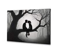 Decorazioni da parete, sagome di coppia che si baciano su un ramo di un albero in una foresta nebbiosa. Quadro decorativo su tela, decorazione per bagno (30 x 40 cm)