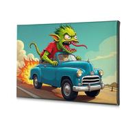 Decorazioni da parete Un mostro verde guida un'auto blu con fiamme dietro di essa. Tela decorativa per il bagno (40 x 60 cm)