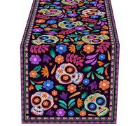 Decorazioni da tavola con teschi di zucchero - Tovaglie messicane con decorazioni a forma di teschio di zucchero - Decorazioni per l'altare del giorno luminoso dei morti Tovaglia in lino rustico multi