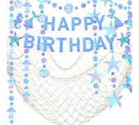 Decorazioni di compleanno a forma di sirena，Ghirlanda iridescente, striscione e rete da pesce, Happy Birthday Banner e rete da pesca per tema pirati nautico