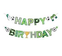 Decorazioni di compleanno a tema calcio per bambini con motivi come palloni da calcio e trofei, ghirlande di buon compleanno per feste a tema per ragazzi, decorazioni di compleanno con striscioni
