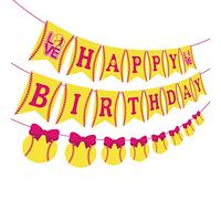 Decorazioni di compleanno a tema softball per ragazze, striscione di buon compleanno, ghirlanda a passo rapido, forniture per giocatori sportivi rosa e giallo