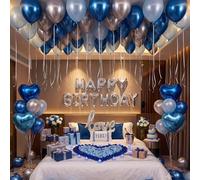 Decorazioni di compleanno blu argento con candele LED, palloncini di buon compleanno, palloncino d'amore, petali di rosa, decorazioni per la stanza di compleanno dell'hotel per uomini e donne