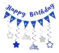Decorazioni di compleanno blu e argento per uomini e donne, decorazioni per feste di buon compleanno, striscioni felici con decorazioni a spirale sospese, adatte per interni ed esterni