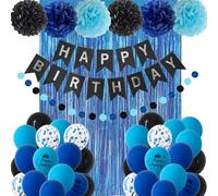 Decorazioni di compleanno blu per uomini e ragazzi: palloncini blu e neri da 30 cm, striscioni di buon compleanno, tenda a frange, ghirlanda a pois circolari per decorazioni Bd