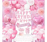 Decorazioni di compleanno con fiocchi rosa per ragazze e donne, decorazione per feste a coquette con palloncini rosa bianchi banner di compleanno diadema fascia cupcake topper tovaglia, decorazioni