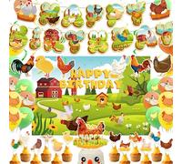 Decorazioni di compleanno del pollo Forniture del partito del pollo Set con il pollo Banner di compleanno Backdrop Spirals Torta Cupcake Toppers Palloncini per Farm Baby Shower Decorazioni
